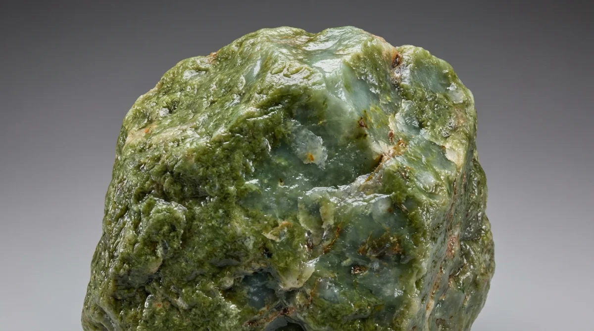 Pedra de jade bruta com textura rugosa e variações de tons verdes intensos e claros sob iluminação de estúdio.